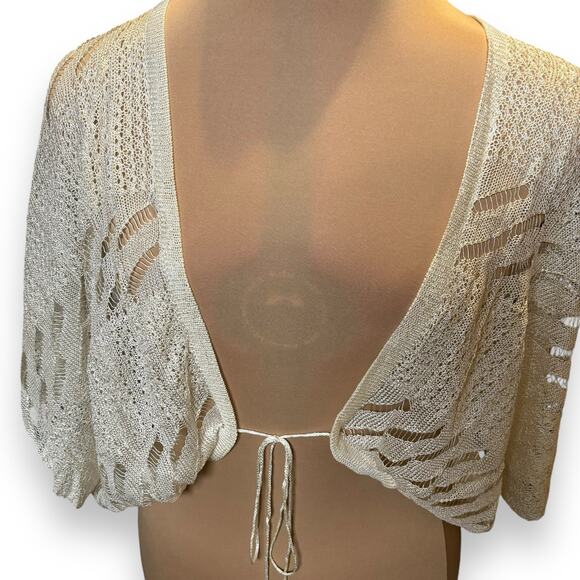 NWT Echo Crocheted Batwing Tie Front Shrug One Size Ivory  Open Knit - Picture 2 of 6
